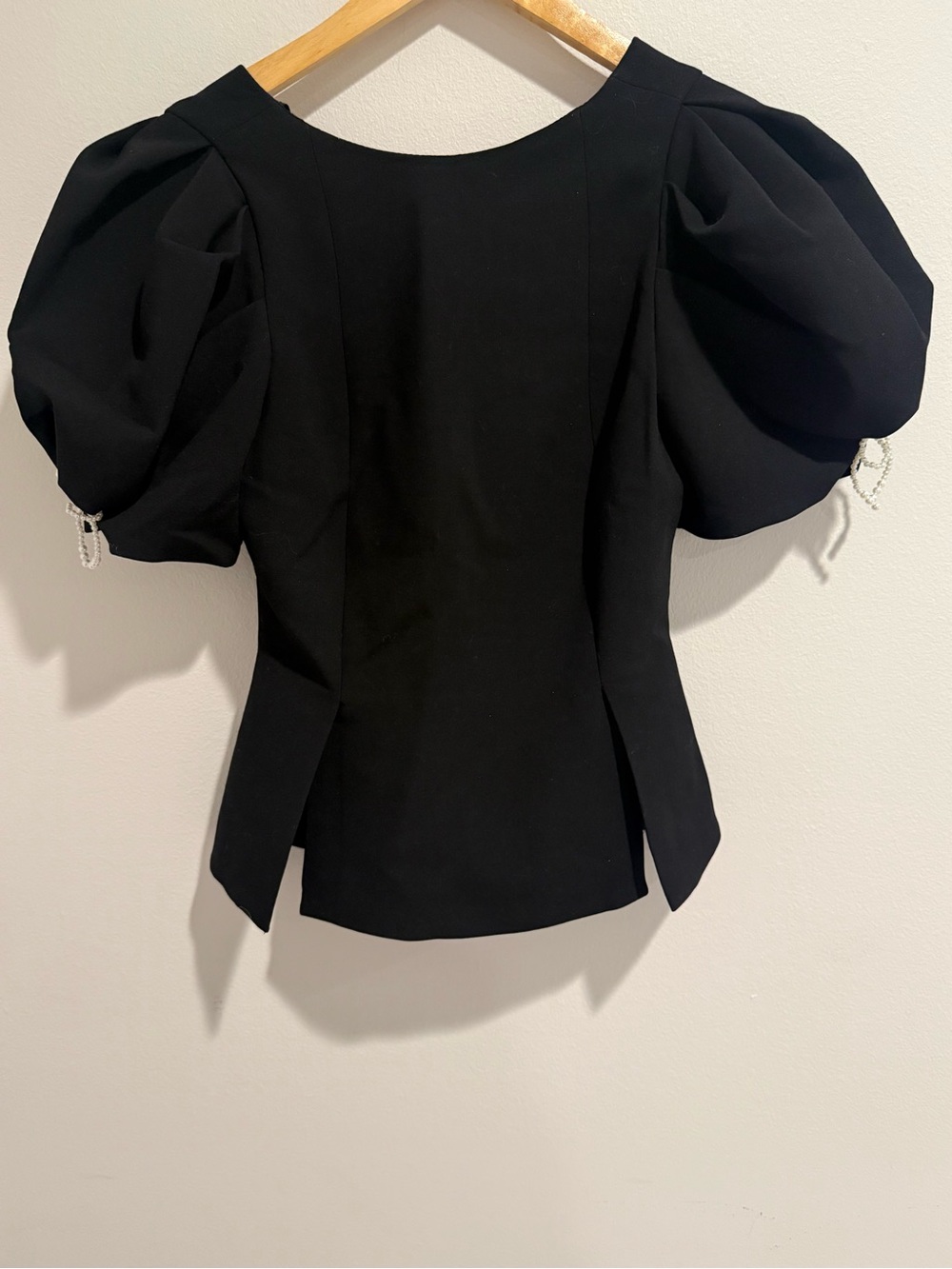 Zara Pearl Bow Puff Sleeve Peplum Top Black Size Small NWT Elegant Luxury - Picture 5 of 11